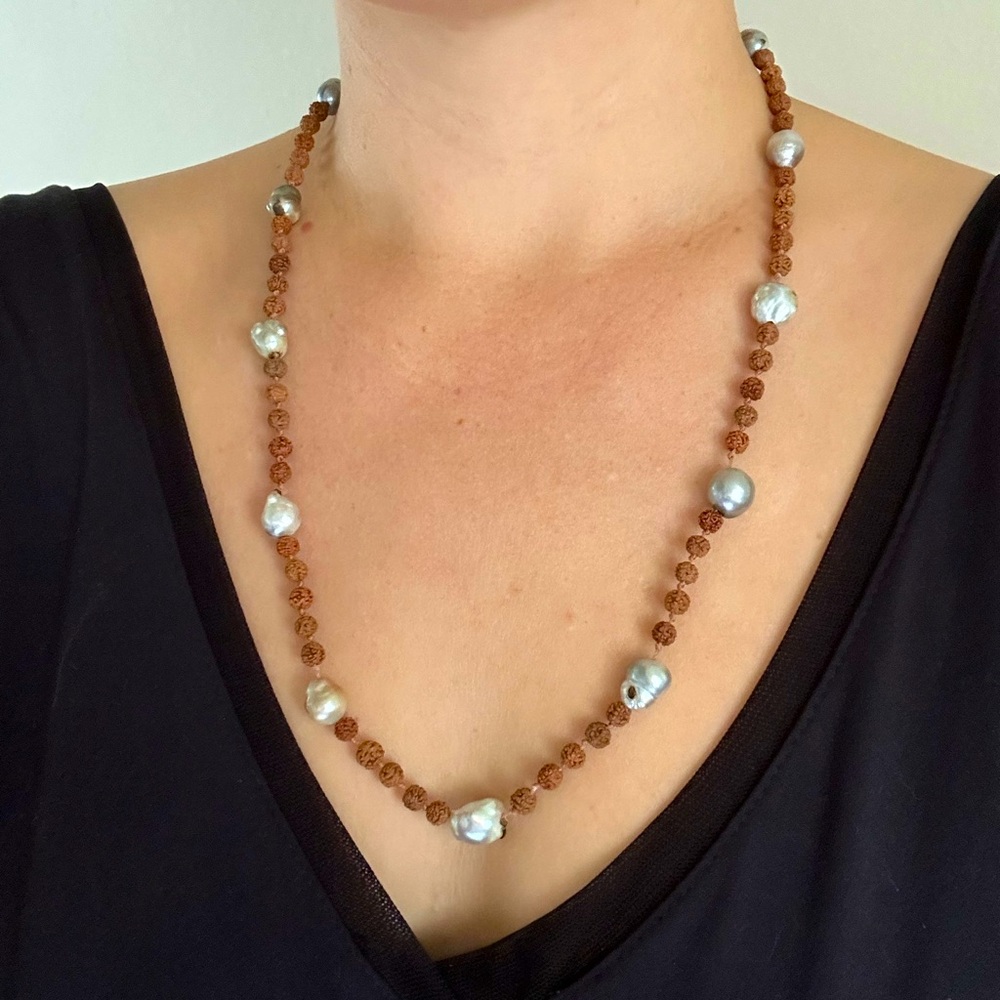 Handmade genuine Tahitian pearl with prayer bead necklace 12”